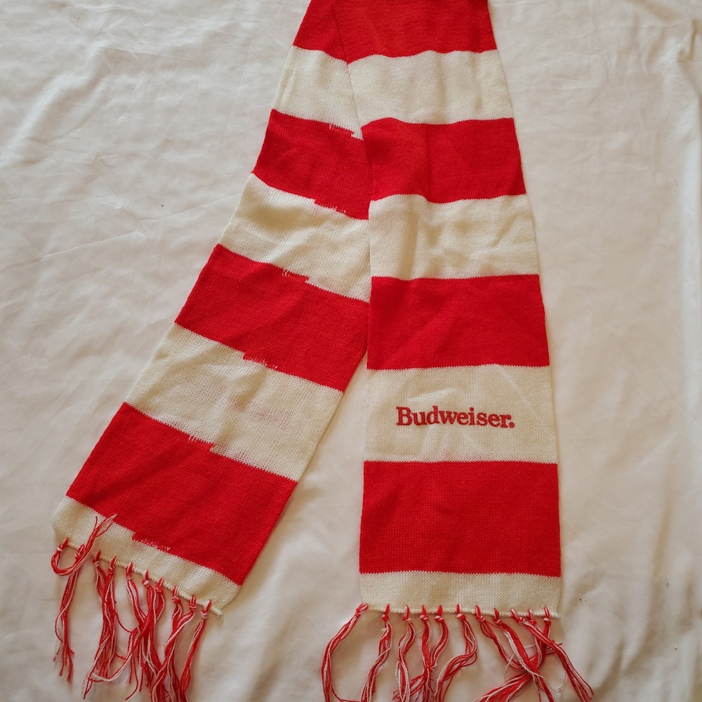 Budweiser Red White Striped Knit Scarf Fringe Logo Winter Accessory Vintage